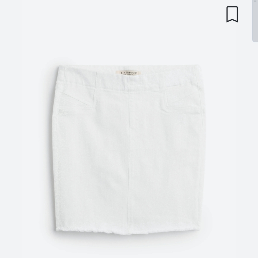 Liverpool Plus Size White Denim Pull On Frayed Hem Skirt, XL, With Stretch